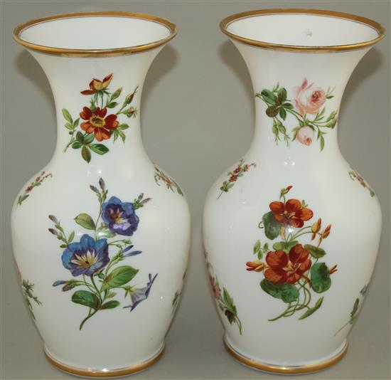 A pair of French enamelled opaline glass vases, mid 19th century, 29.5cm